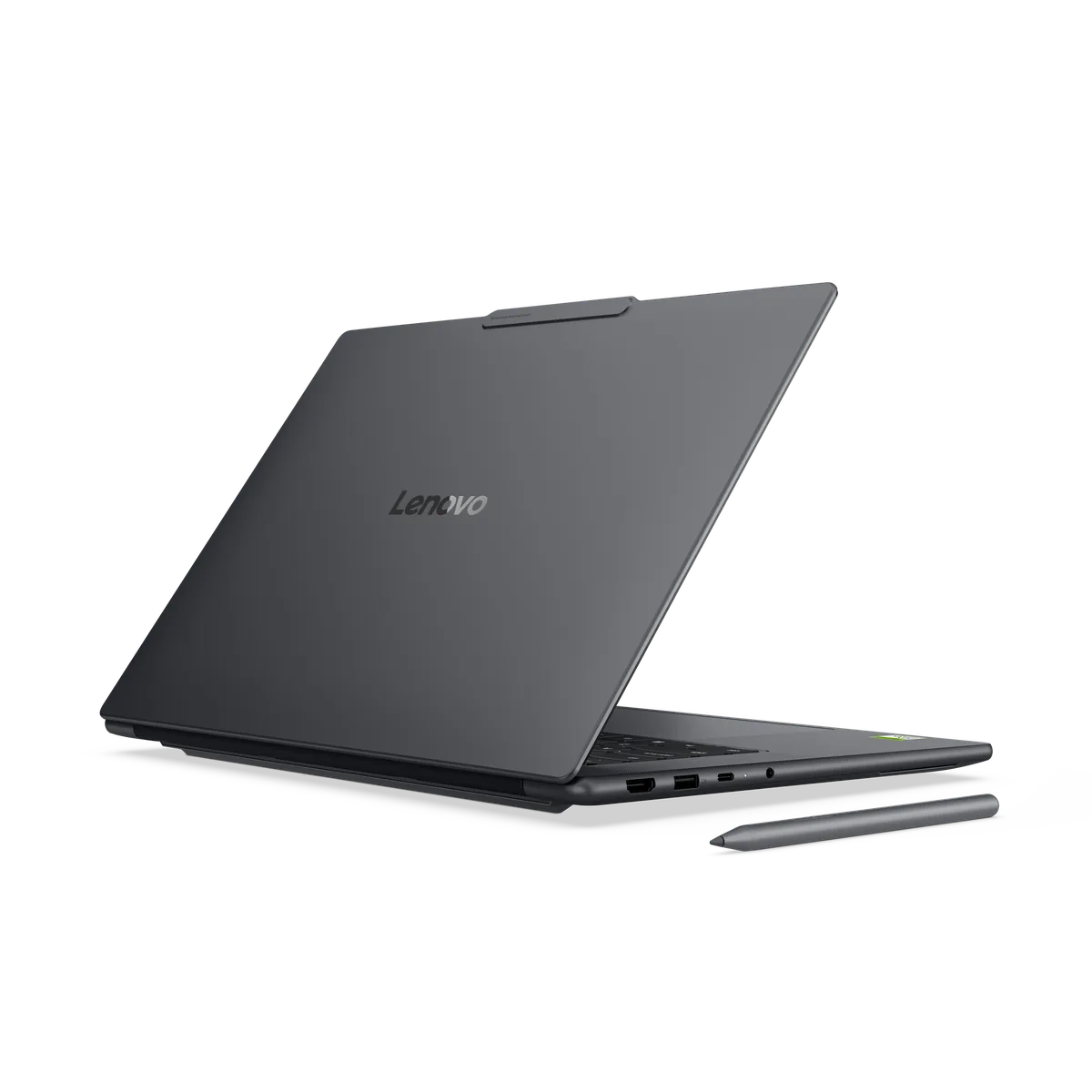 Lenovo Yoga Pro 9n Gen 11, rear three-quarter view with pen beside the laptop