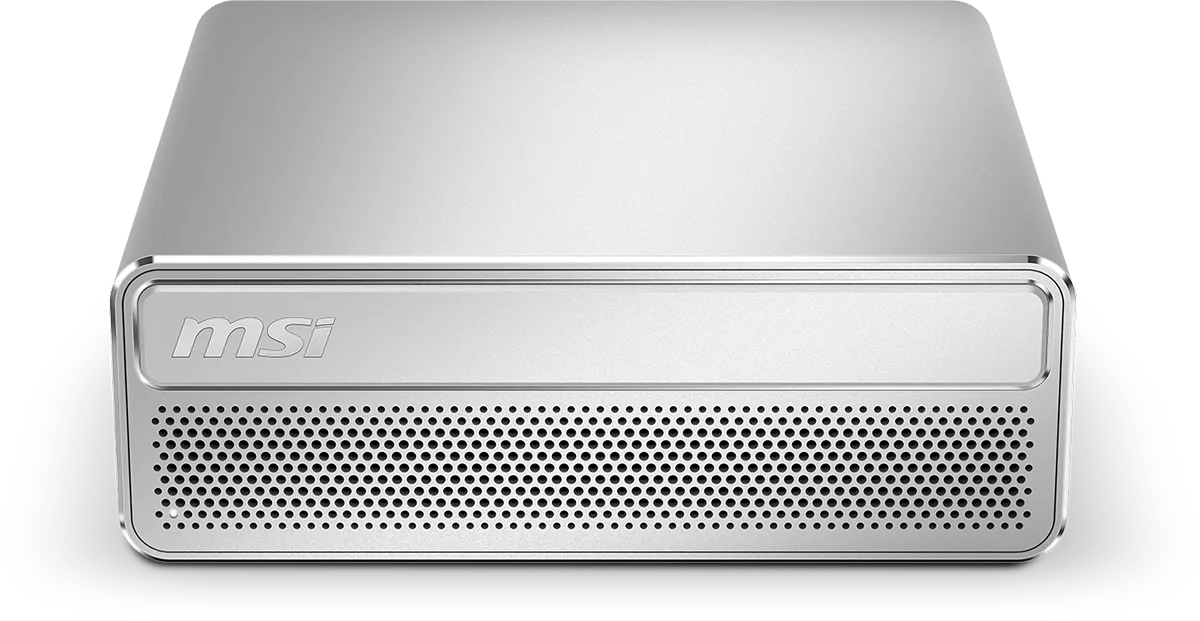 MSI EdgeMesa N AI+ compact desktop, close front view with ventilated enclosure